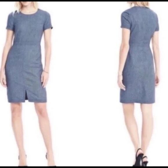 Banana Republic Stitch Detail Short Sleeve Wool Blend Sheath Dress Chambray Size - Picture 3 of 16